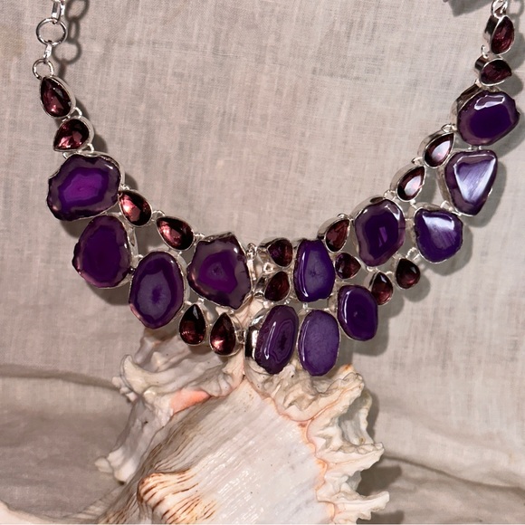 Enchanting Fuchsia Solar Quartz Druzy + Amethyst Handcrafted statement Necklace - Picture 3 of 12